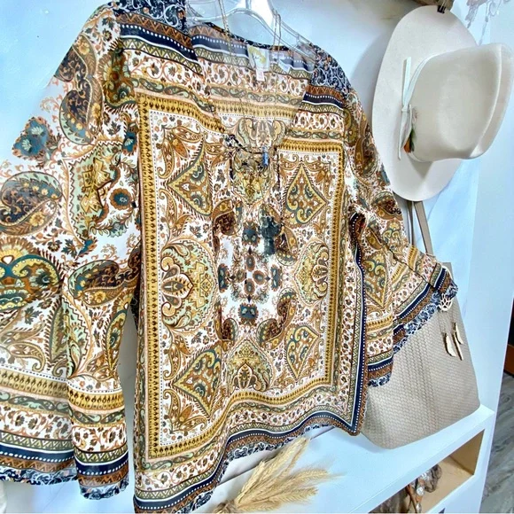 Anthropologie Fig & Flower boho blouse Gypsy southwestern vibe w bell sleeves - Picture 6 of 14